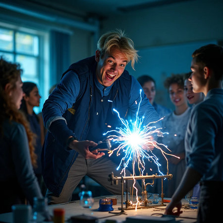 Group of happy students and teacher in chemistry class with sparklers.の素材
