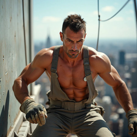 View of a handsome man doing push-ups on a rooftop.の素材