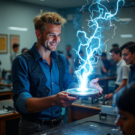 Portrait of a young man in the barbershop, holding a plate with electric lightning.の素材