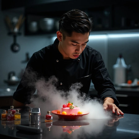 young asian male chef preparing a cake in the kitchen at nightの素材