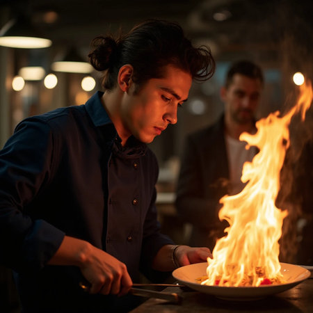 Young couple cooking on fire at restaurant in the evening. Man and woman preparing food.の素材
