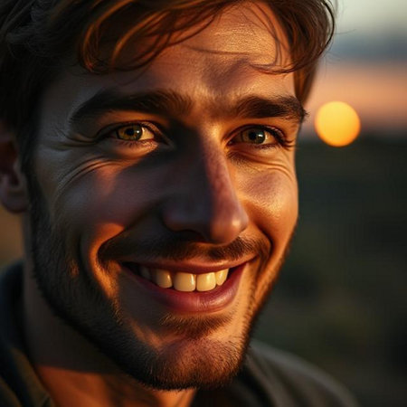 Close-up portrait of a handsome smiling young man at sunset.の素材
