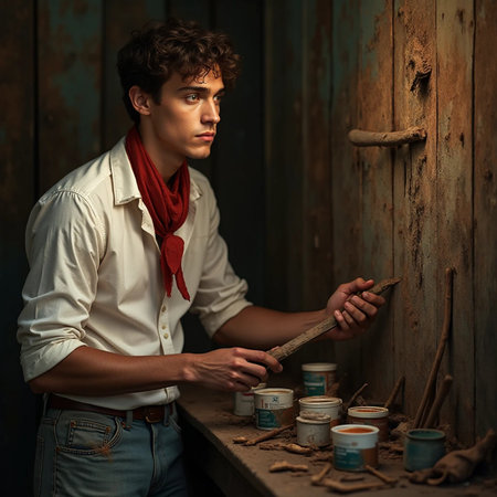 Portrait of a handsome young man in a white shirt and red tie standing near the wooden door.の素材