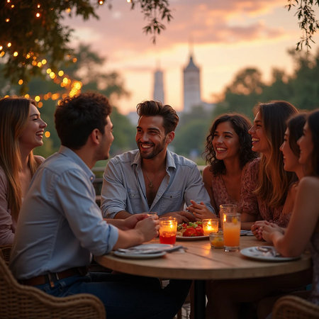 Group of friends having dinner in a restaurant on a beautiful summer eveningの素材