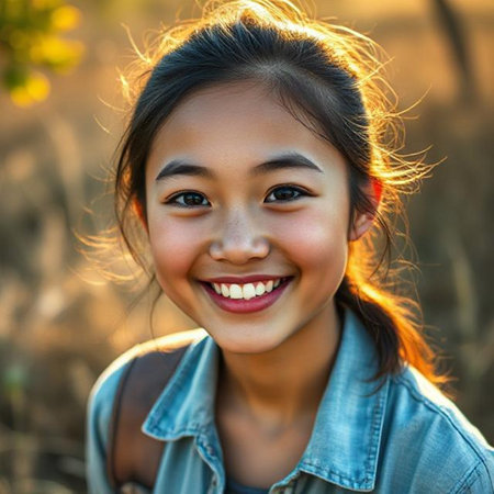 Portrait of a beautiful Asian little girl smiling at the cameraの素材