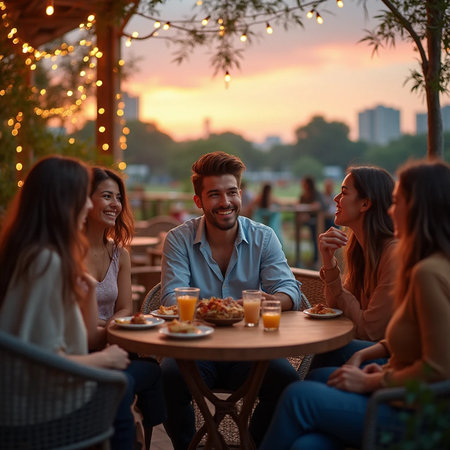 Group of young people having a dinner in a restaurant at sunset.の素材