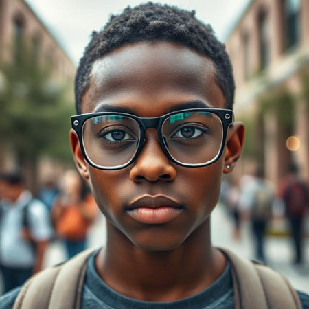 Portrait of a young African American boy wearing glasses.の素材