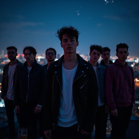 Group of young people on the rooftop of a building at night.の素材
