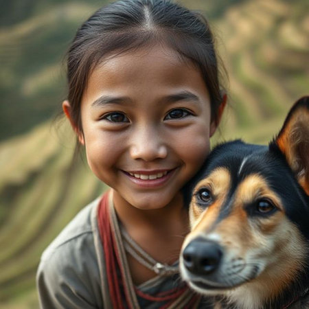 Portrait of a little girl with her dog in the countryside.の素材