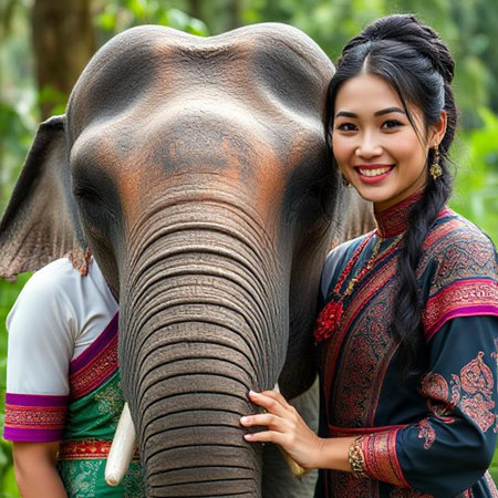 Beautiful asian woman with elephant in the jungle of Sri Lankaの素材