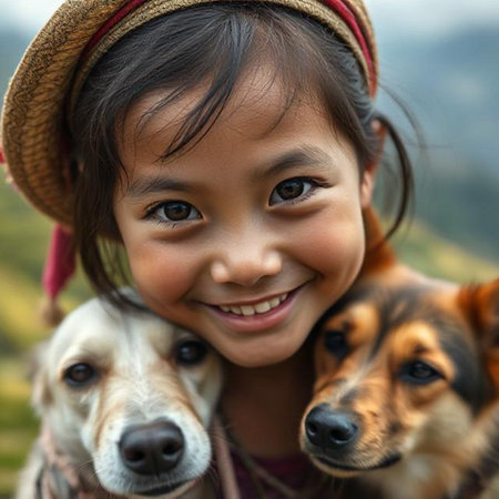 Portrait of Asian little girl with her dog on the mountainの素材