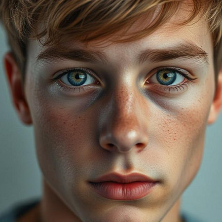 Close-up portrait of a boy with freckles on his faceの素材
