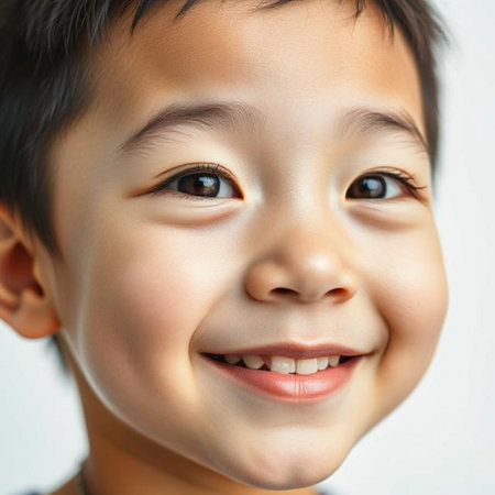 Portrait of cute little Asian boy smiling and looking at cameraの素材