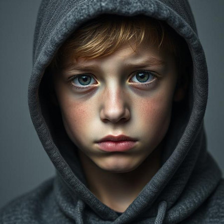 Portrait of a teenager boy in a gray hood. Studio shot.の素材
