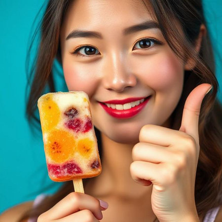 Beautiful asian woman with ice lolly on blue background.の素材
