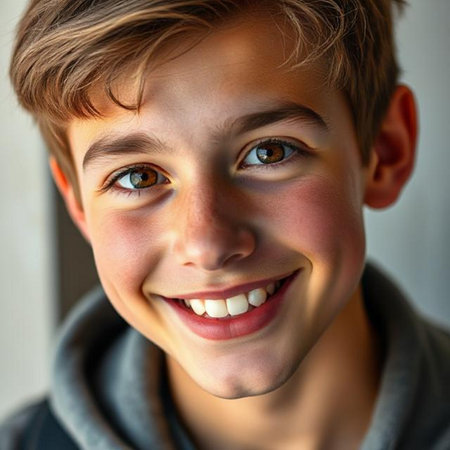 Portrait of a smiling boy with blue eyes, close-upの素材