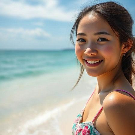 Portrait of a beautiful Asian woman smiling on the beach.の素材
