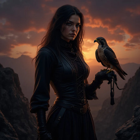 beautiful woman with falcon on the background of mountains at sunsetの素材