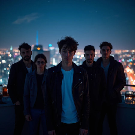 Group of young people standing on the rooftop of a building at nightの素材