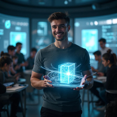 Young man holding a glowing cube in front of his team in a modern officeの素材