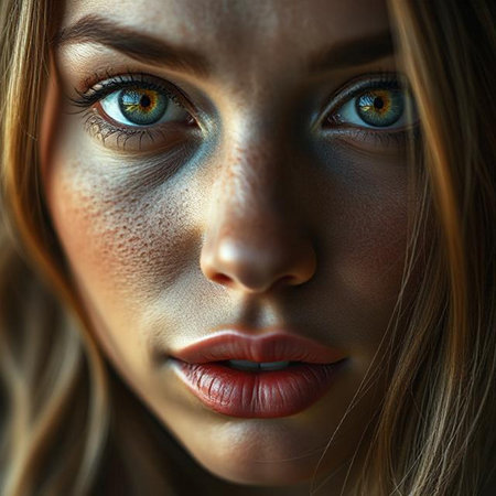 Close-up portrait of beautiful young woman with blue eyes and lipsの素材