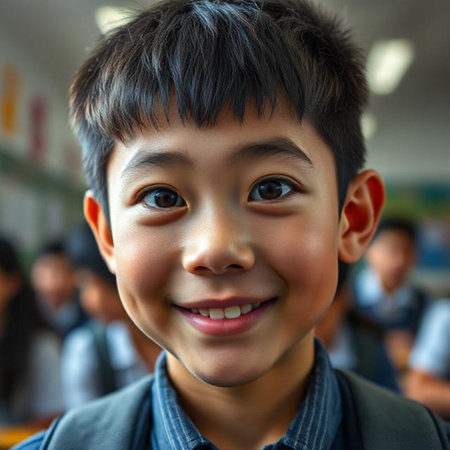 Portrait of Asian boy smiling and looking at the camera.の素材
