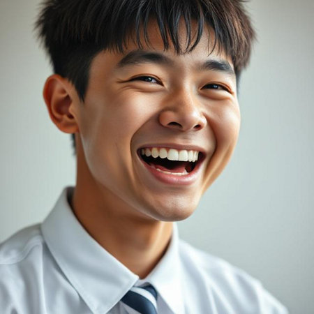 Closeup portrait of a young Asian boy laughing and looking at cameraの素材