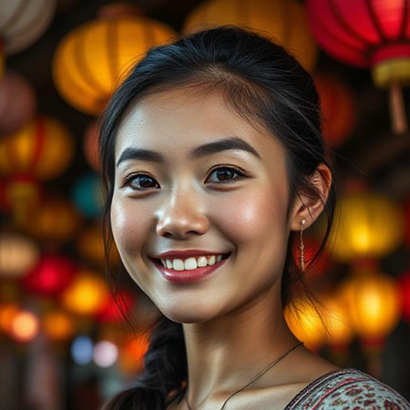 Portrait of a beautiful Asian woman smiling in Chinese New Year celebrationの素材