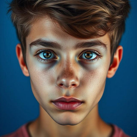 Close-up portrait of a beautiful teen boy with blue eyes.の素材