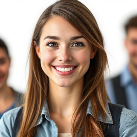 Portrait of a smiling young business woman in front of her teamの素材