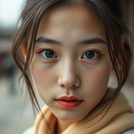 Portrait of a beautiful Asian girl with brown eyes in a yellow coatの素材