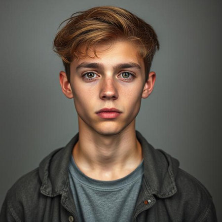Portrait of a handsome young man. Studio shot. Gray background.の素材