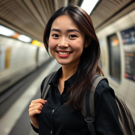 young attractive and happy Asian Chinese woman at subway station platform smiling cheerful in travel and transportation conceptの素材