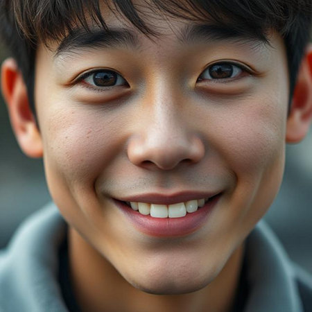 Portrait of a young Asian boy smiling, close-upの素材