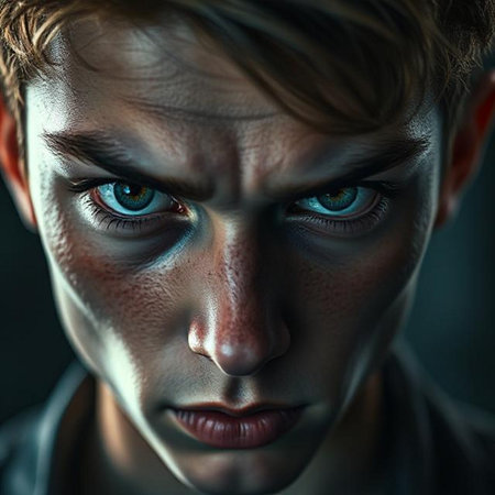 Close-up portrait of a young man with an intense look.の素材