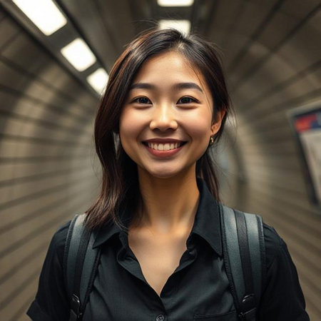 Portrait of a beautiful young Asian woman in a train stationの素材
