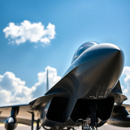 American jet fighter jet on the background of blue sky with clouds.の素材