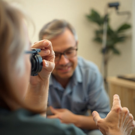 Senior man taking photo of his wife at home. Focus on hands.の素材