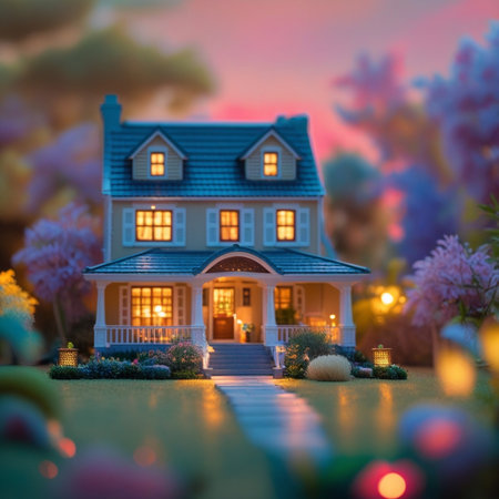 Miniature model of a house on a background of pink flowers.の素材
