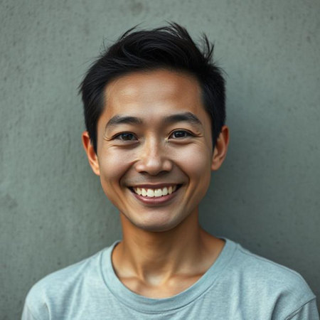 Portrait of a smiling young Asian man against gray background.の素材