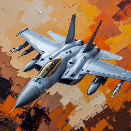 Fighter jet fighter on the background of oil painting. 3d illustrationの素材