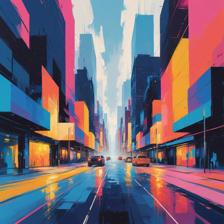 Digital painting of a modern city street with high buildings and cars.の素材