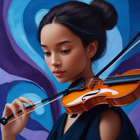 Beautiful young Asian woman playing the violin on abstract background.の素材