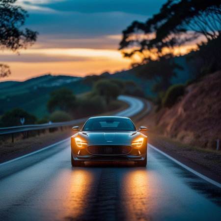 Car on the road at sunset. Concept of speed and motion.の素材