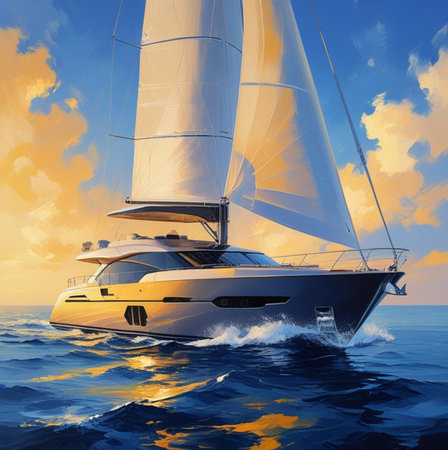 Sailing yacht in the sea at sunset. 3D illustration.の素材