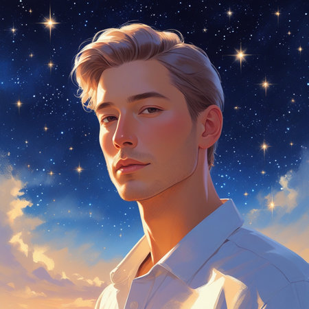 Handsome young man in white shirt against starry sky backgroundの素材