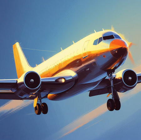 Airplane flying in the blue sky. 3d render illustration.の素材