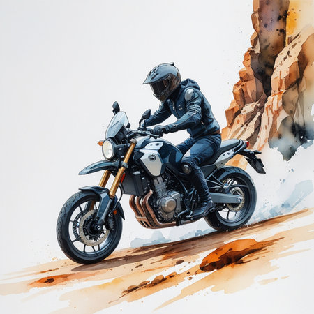 motorcycle rider on the road in the mountains on a watercolor backgroundの素材