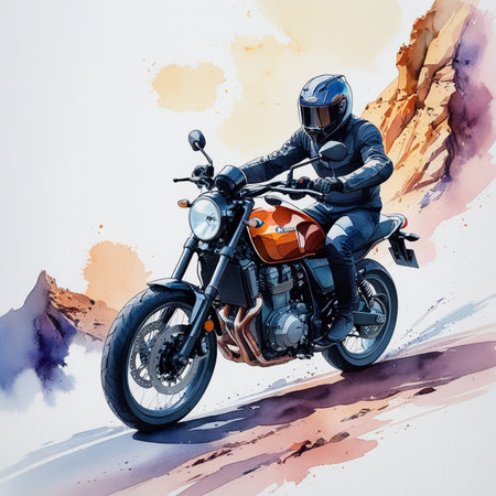 Motorcycle rider on the road. Digital watercolor painting background.の素材