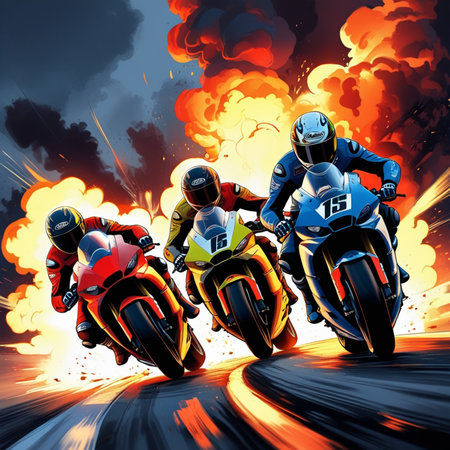 Motorcycle race on the road in the smoke. Vector illustration.の素材